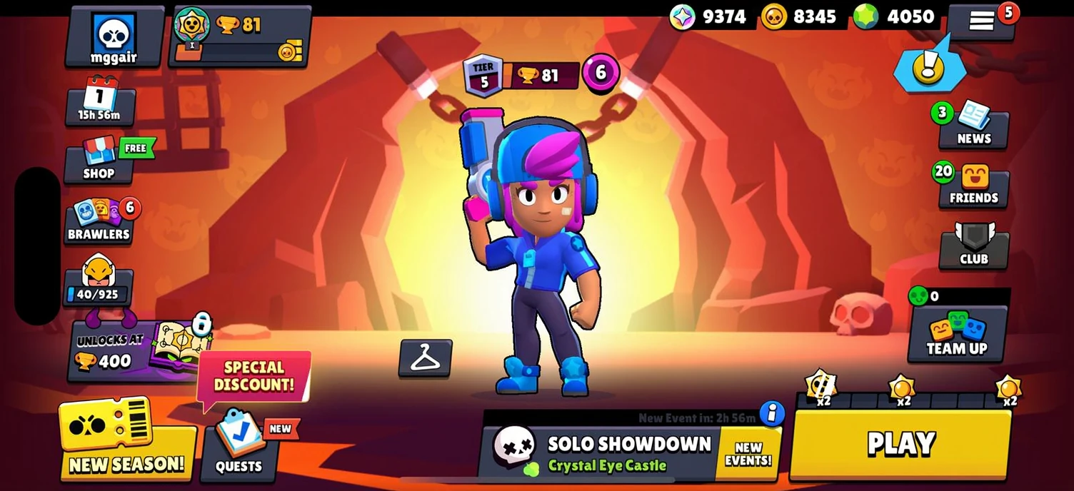 Brawl Stars mobile gameplay showing a player with a large amount of free gems