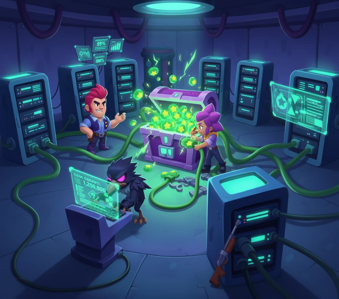 Futuristic server room graphic illustrating the technology behind the Brawl Stars gem hack