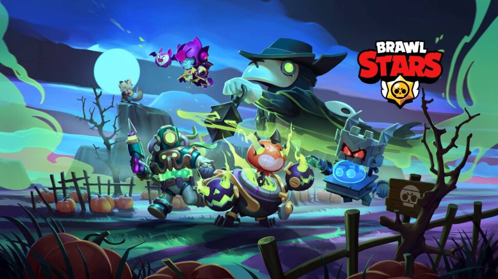 Brawl-O-Ween 2025 skin set showing werewolf, pumpkin brawlers and witch character with gem prices