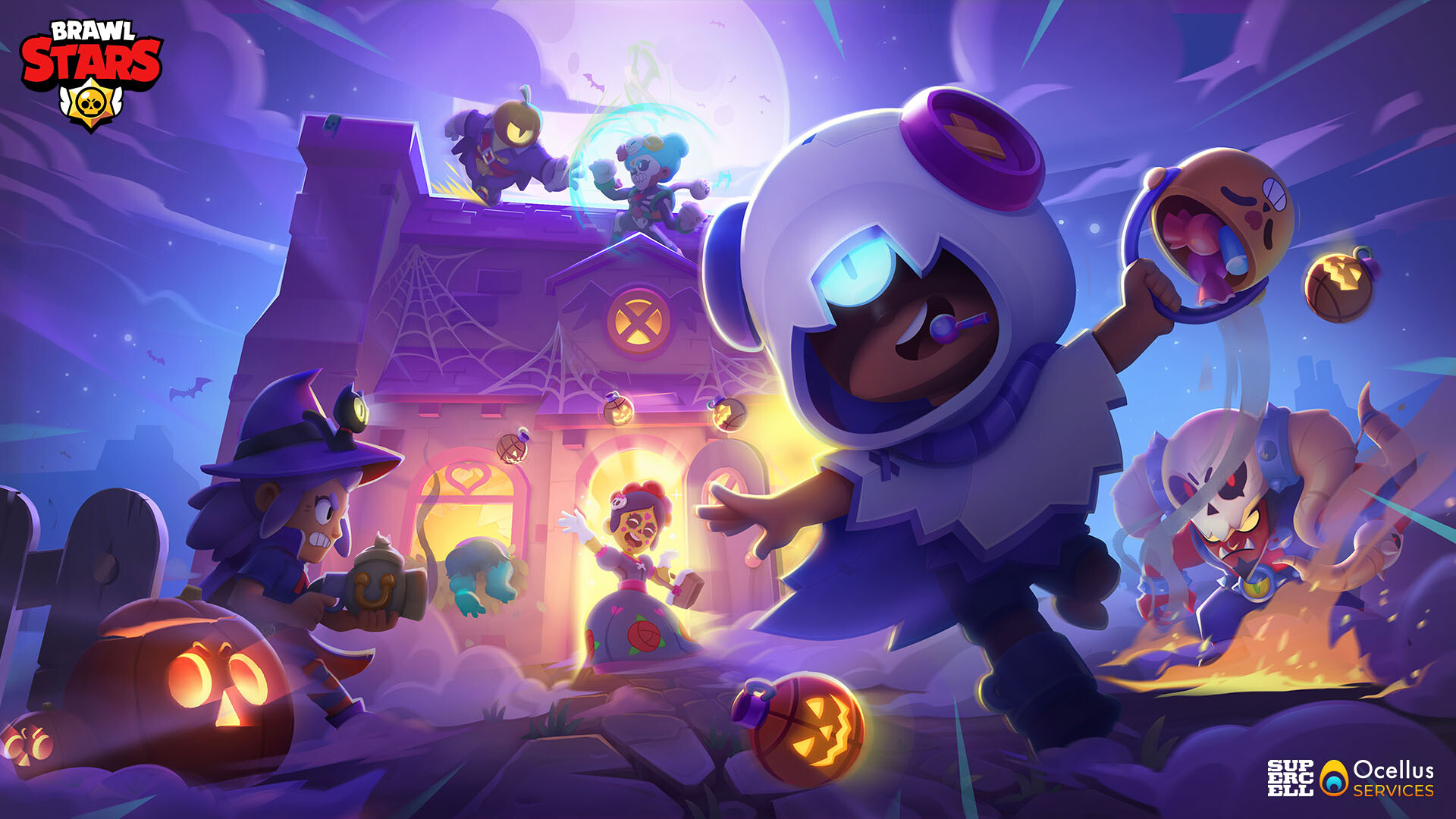 Brawl Stars Brawl-O-Ween atmosphere showing characters in spooky Halloween theme with pumpkins