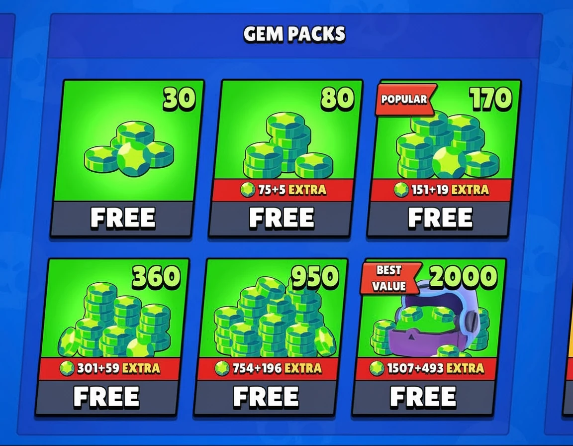 Interface of a Brawl Stars gems generator showing different free gem pack options