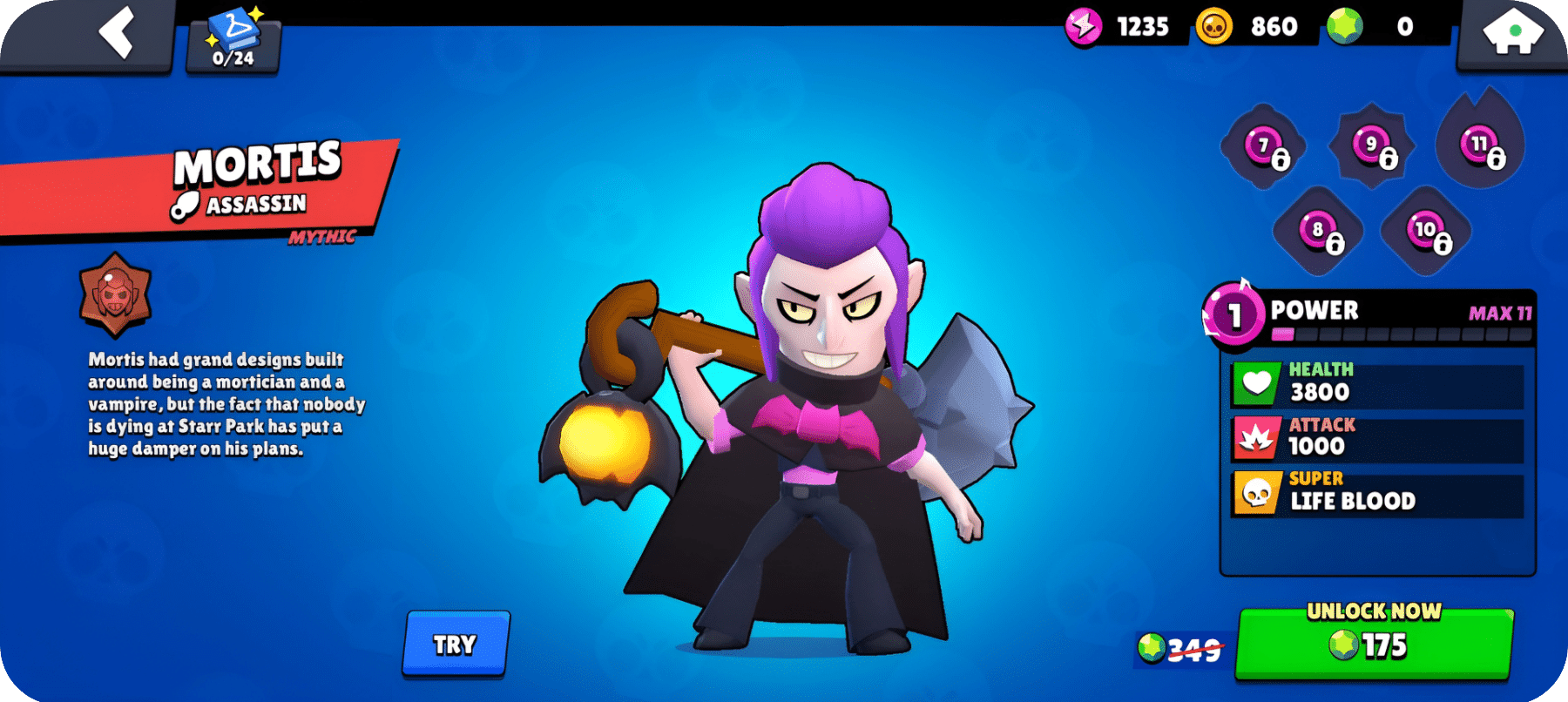 Mortis character preview card showing the vampire brawler