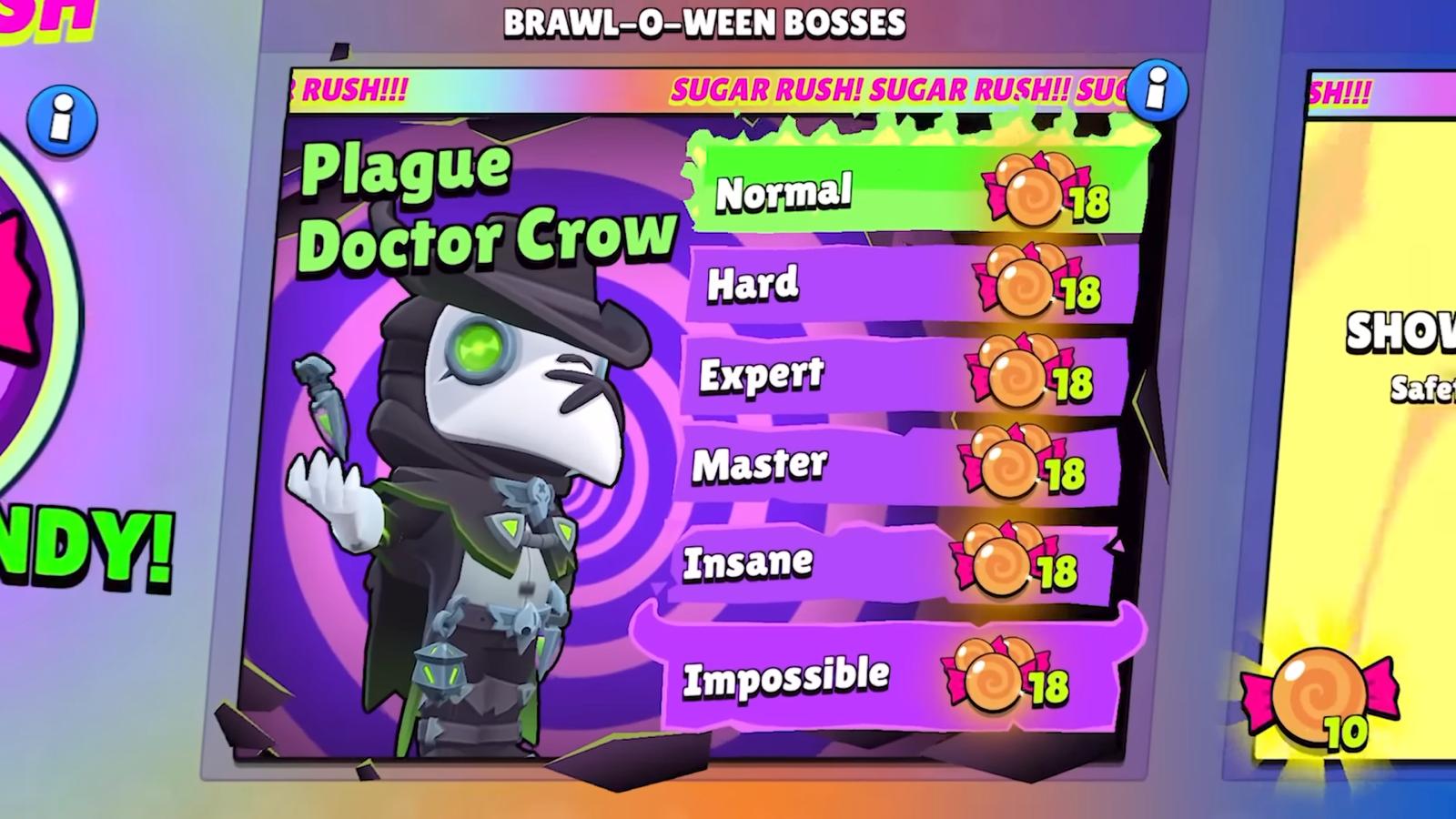 Plague Doctor Crow boss fight showing difficulty levels from Normal to Impossible with 18 candy rewards per difficulty
